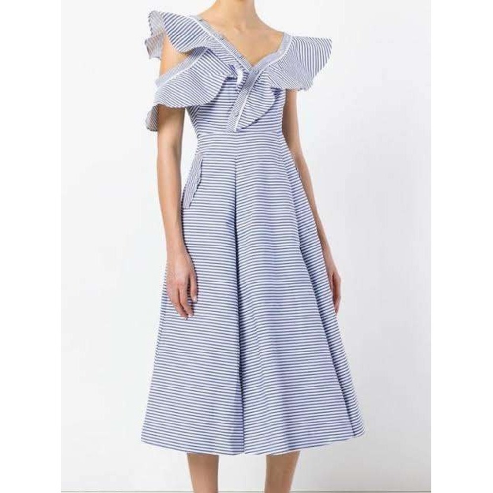 Self-Portrait Striped Ruffle Off-The-Shoulder Midi Dress Blue White US 6